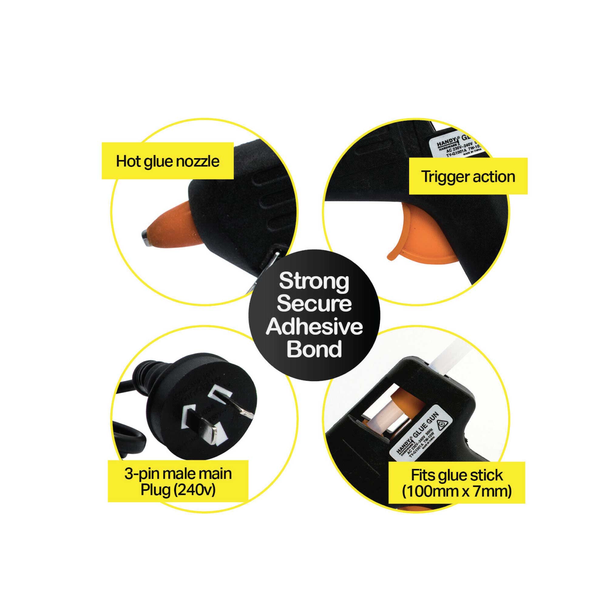 10w Mini Hot Glue Gun Handy Hardware SAA RCM Craft Adhesive 2x 7mmx100mm Sticks-2