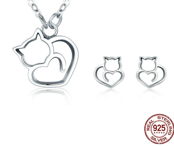 Platinum Plated 925 Sterling Silver Cat Heart Necklace