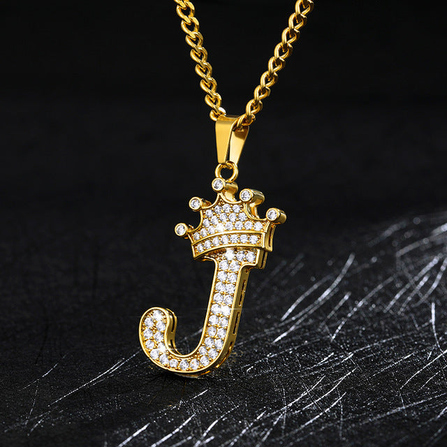 Crown Pendant Stainless Steel Letter Necklace