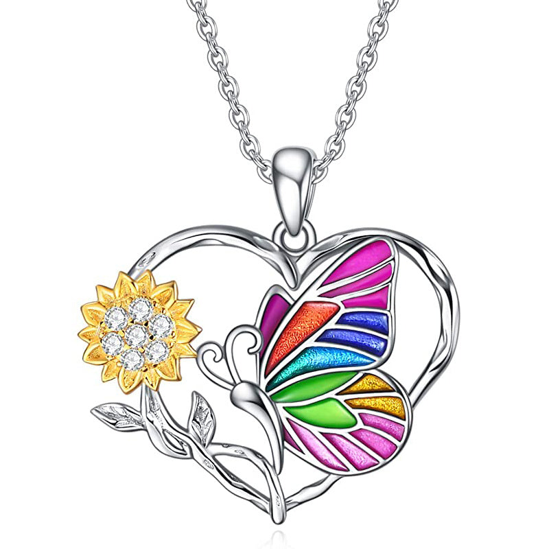 Romantic Colorful Butterfly Sunflower Heart Pendant Necklace For Women Girls