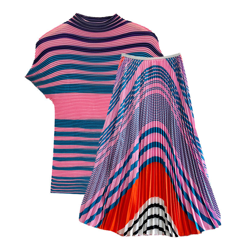 Pleated Small Top Two-piece Fashion Corn Top Printed Pleated Skirt Set