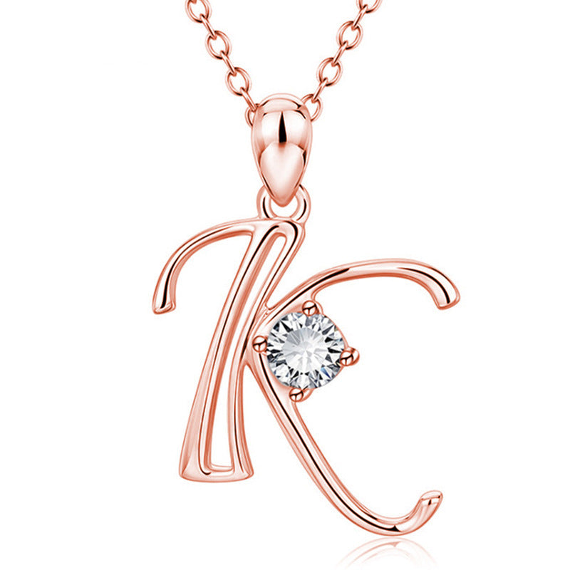 Rose Gold Rhinestone Letter Necklace For Women Girls