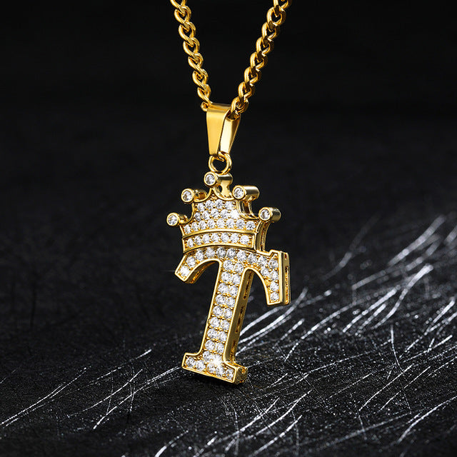 Crown Pendant Stainless Steel Letter Necklace