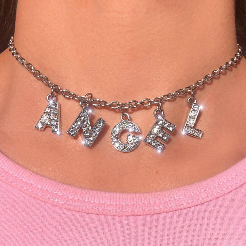 Angel Letter Bling Bling 90s Aesthetic Necklace Women Choker Unisex DIY Name necklace Aesthetic Jewelry Femme Collier Drop Ship