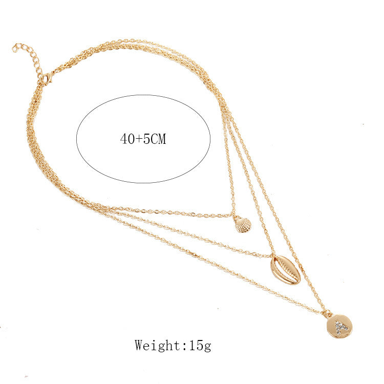 Fashionable Simple Shell Inlaid Diamond Letter A Three Layer Necklace