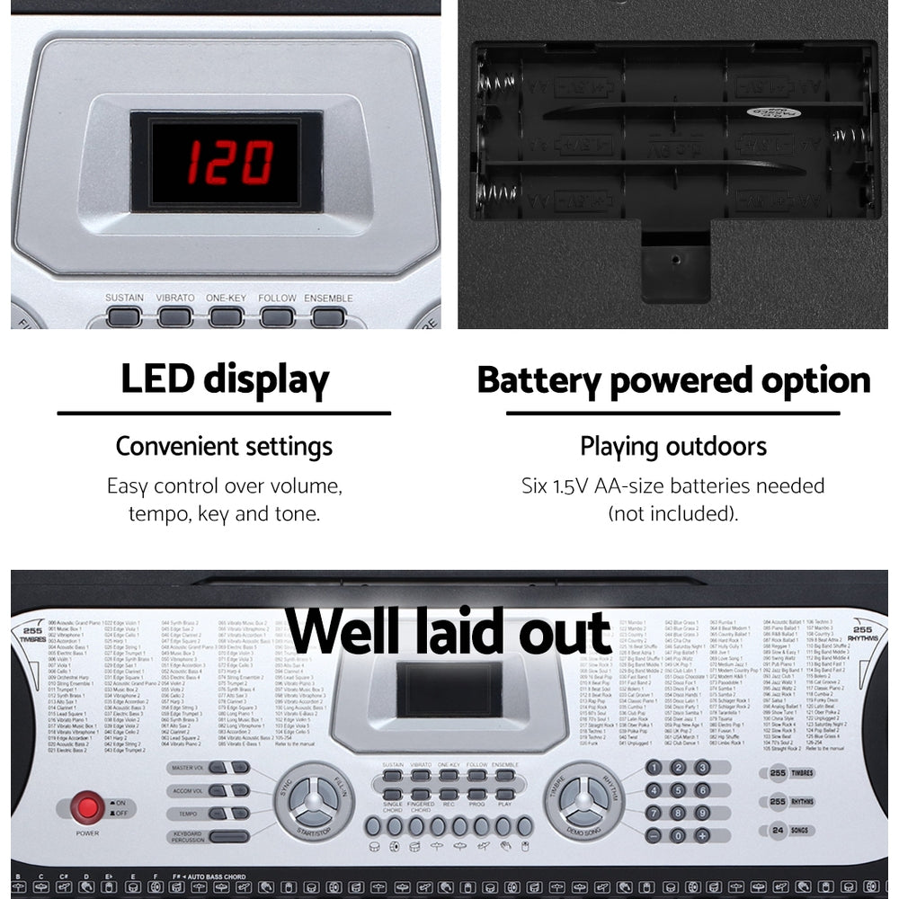 Alpha 61 Keys Electronic Piano Keyboard LED Electric Silver with Music Stand for Beginner-4