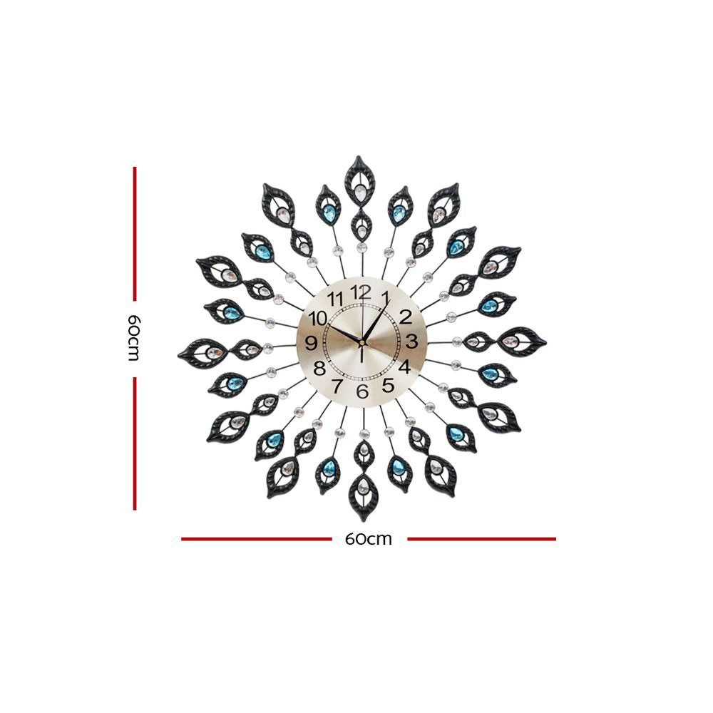 Artiss 60CM Peacock Wall Clock Large 3D Modern Crystal Luxury Round Wall Clocks Home Decor Black-1