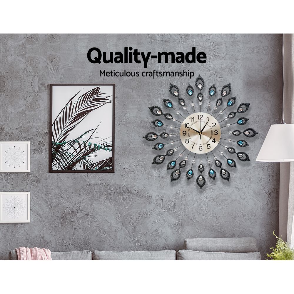 Artiss 60CM Peacock Wall Clock Large 3D Modern Crystal Luxury Round Wall Clocks Home Decor Black-3