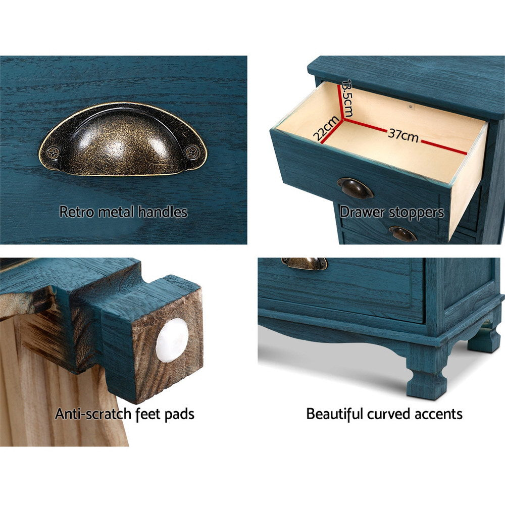 Artiss Bedside Tables Drawers Side Table Cabinet Vintage Blue Storage Nightstand-6