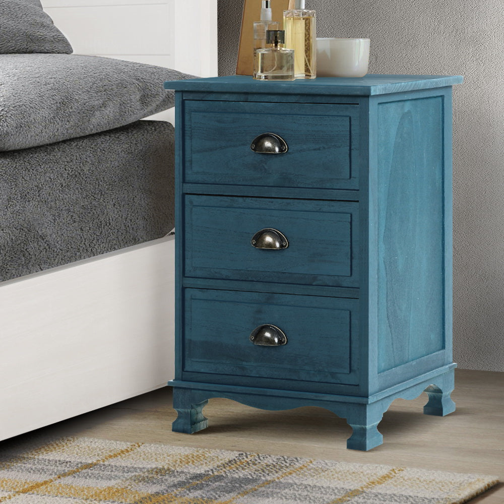 Artiss Bedside Tables Drawers Side Table Cabinet Vintage Blue Storage Nightstand-7