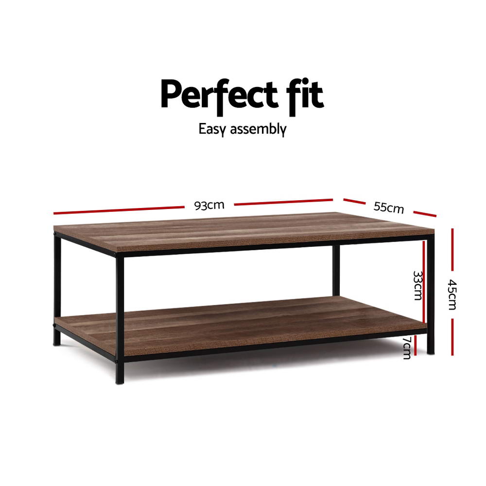Artiss Coffee Table Wooden Rustic Vintage Storage Shelf Metal Frame Black-1