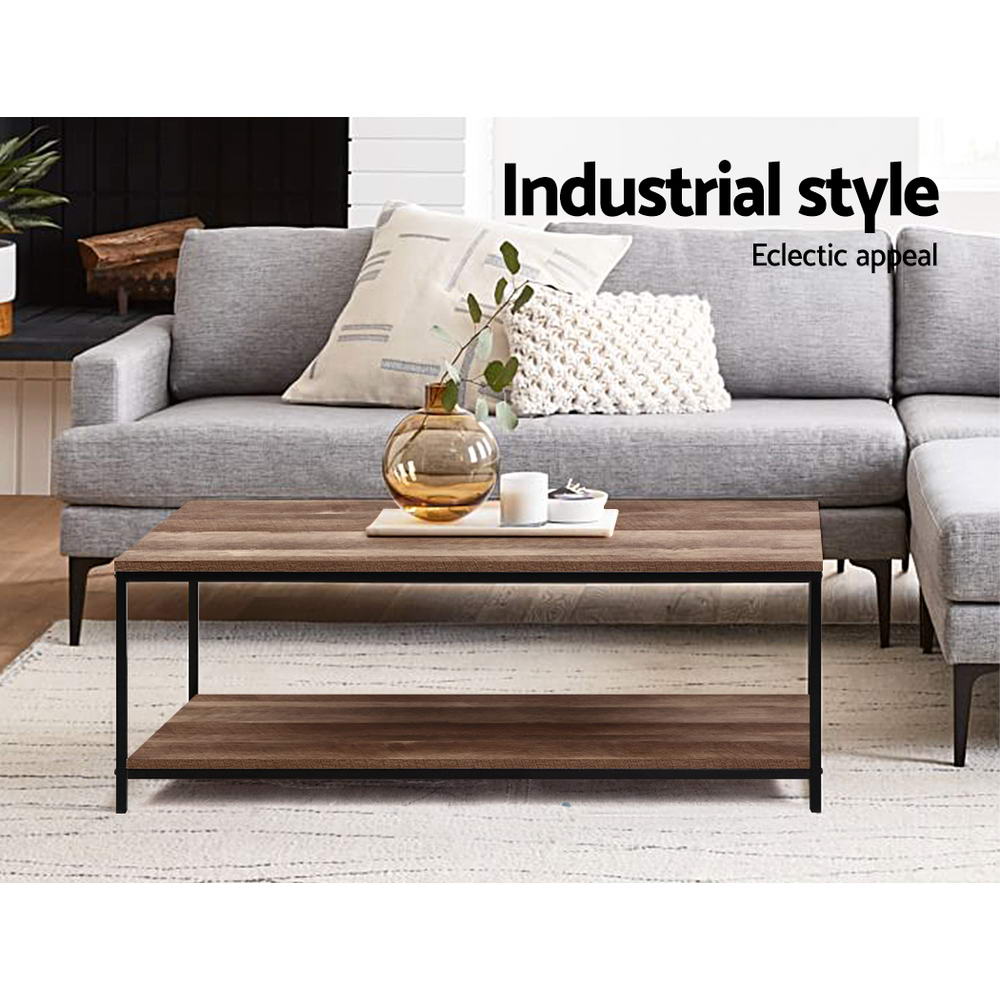 Artiss Coffee Table Wooden Rustic Vintage Storage Shelf Metal Frame Black-2
