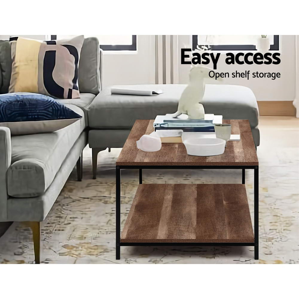 Artiss Coffee Table Wooden Rustic Vintage Storage Shelf Metal Frame Black-3