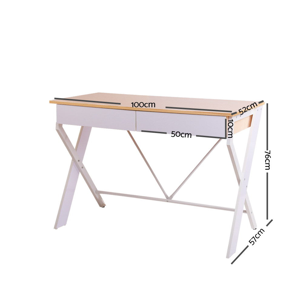 Artiss Metal Desk with Drawer - White with Oak Top-1