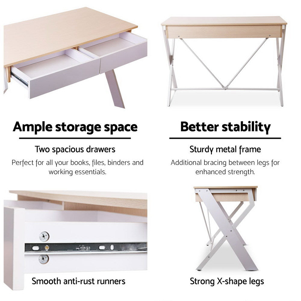 Artiss Metal Desk with Drawer - White with Oak Top-4