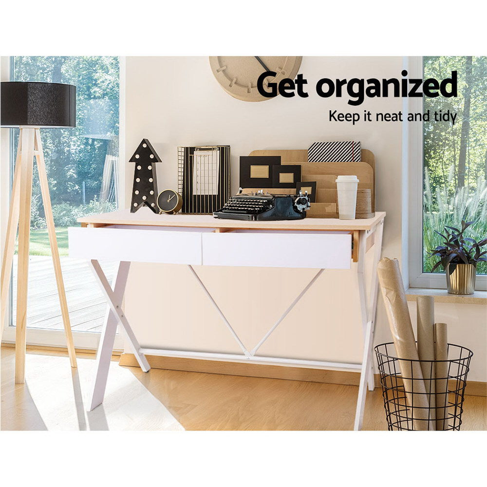 Artiss Metal Desk with Drawer - White with Oak Top-5