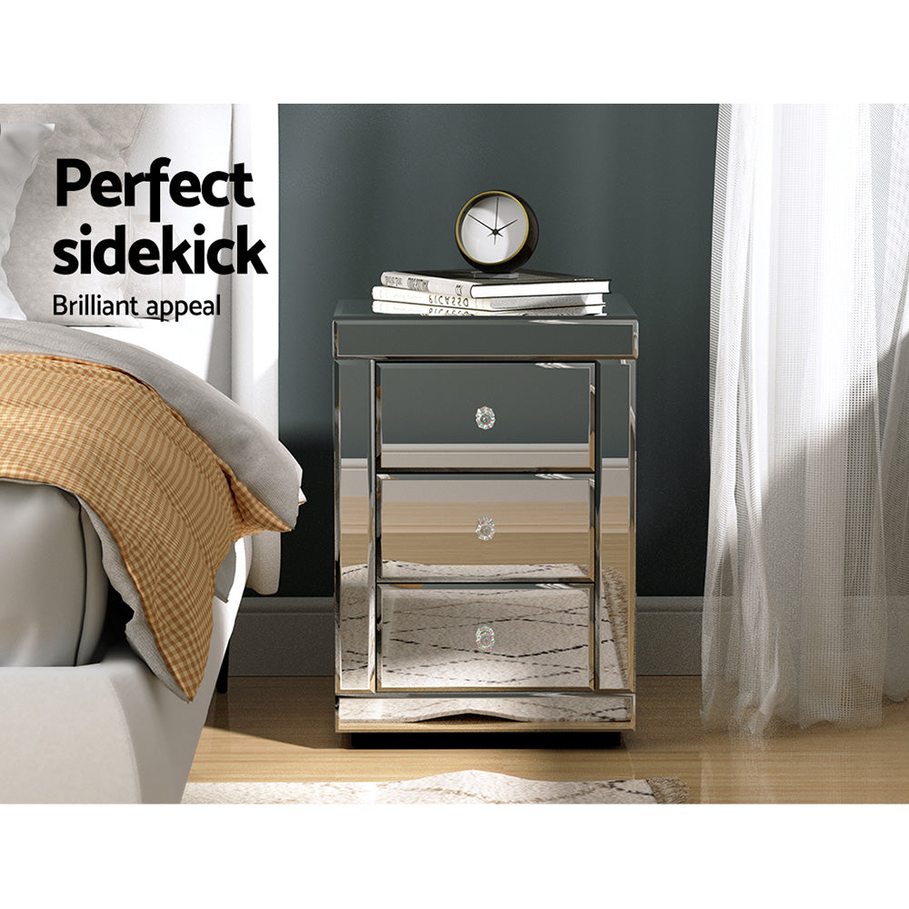 Artiss Mirrored Bedside Table Drawers Furniture Mirror Glass Presia Silver-4