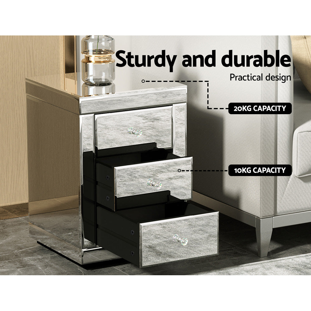 Artiss Mirrored Bedside Table Drawers Furniture Mirror Glass Presia Silver-5