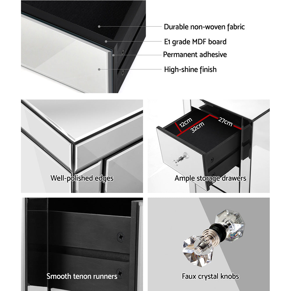 Artiss Mirrored Bedside Table Drawers Furniture Mirror Glass Presia Silver-6