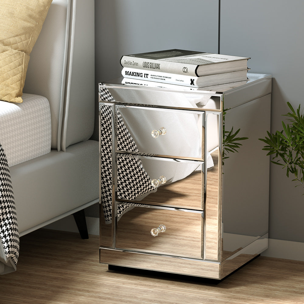 Artiss Mirrored Bedside Table Drawers Furniture Mirror Glass Presia Silver-7