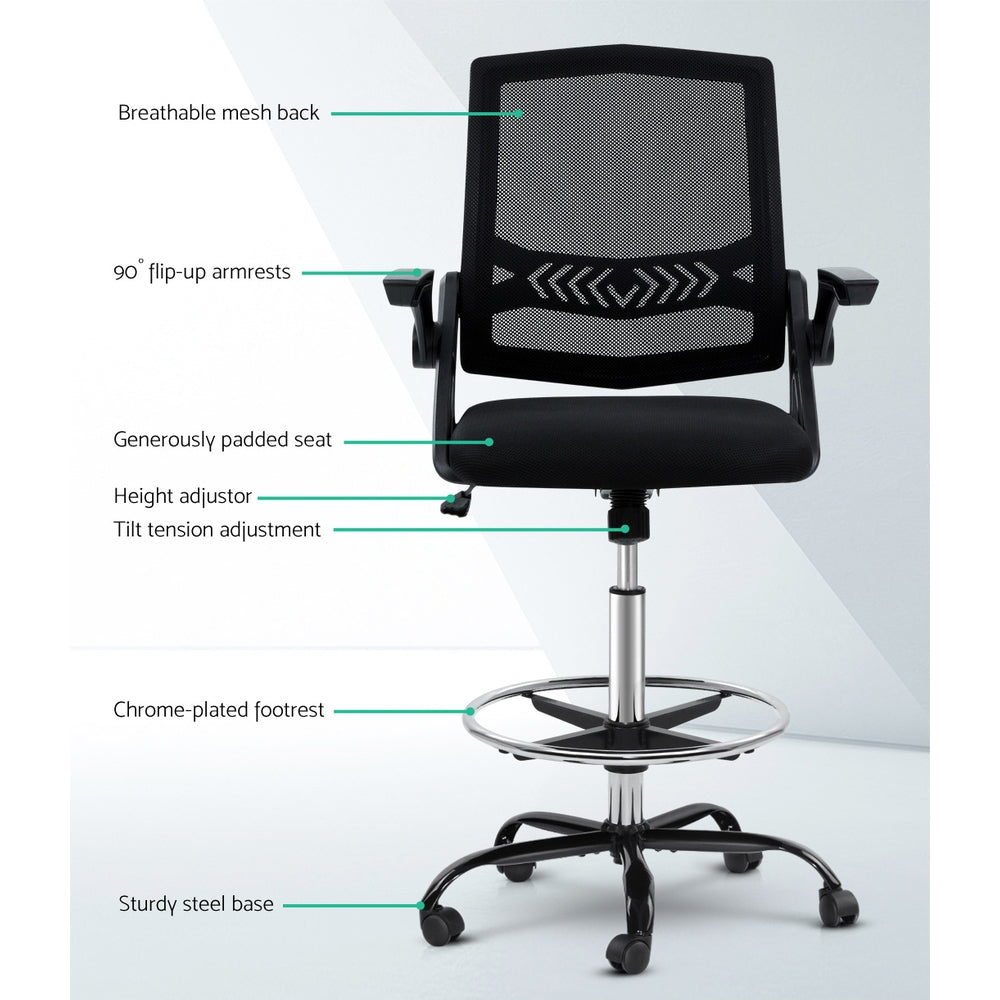 Artiss Office Chair Veer Drafting Stool Mesh Chairs Flip Up Armrest Black-4