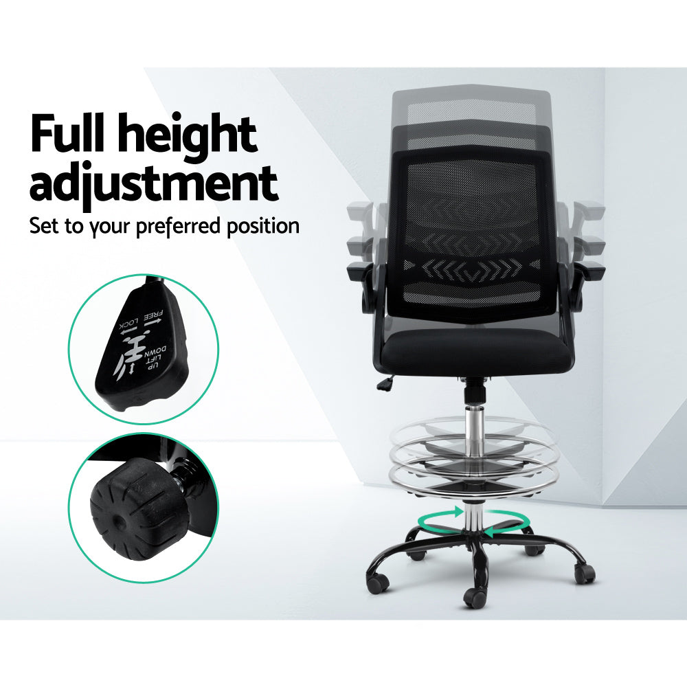 Artiss Office Chair Veer Drafting Stool Mesh Chairs Flip Up Armrest Black-6