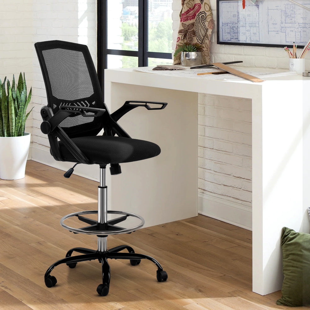 Artiss Office Chair Veer Drafting Stool Mesh Chairs Flip Up Armrest Black-7