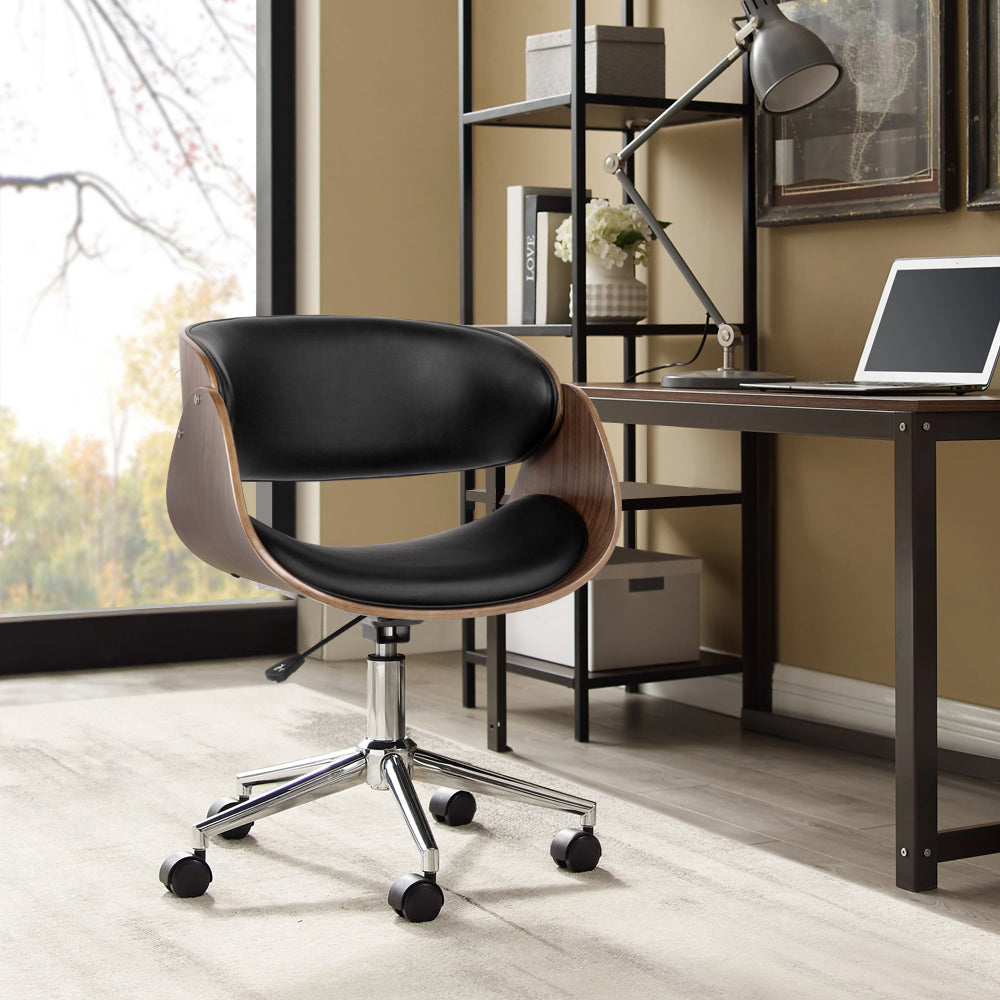 Artiss Office Chair Wooden and Leather Black-7