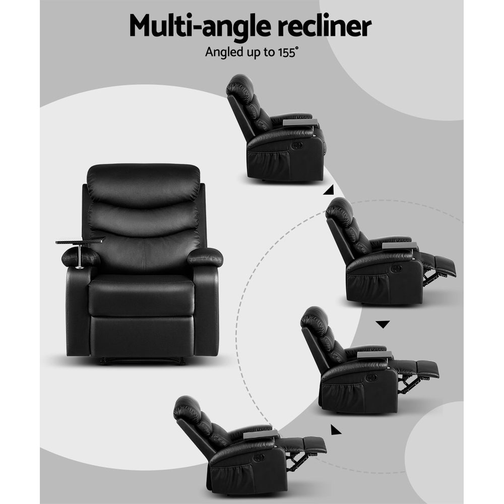 Artiss Recliner Chair Armchair Lounge Sofa Chairs Couch Leather Black Tray Table-4