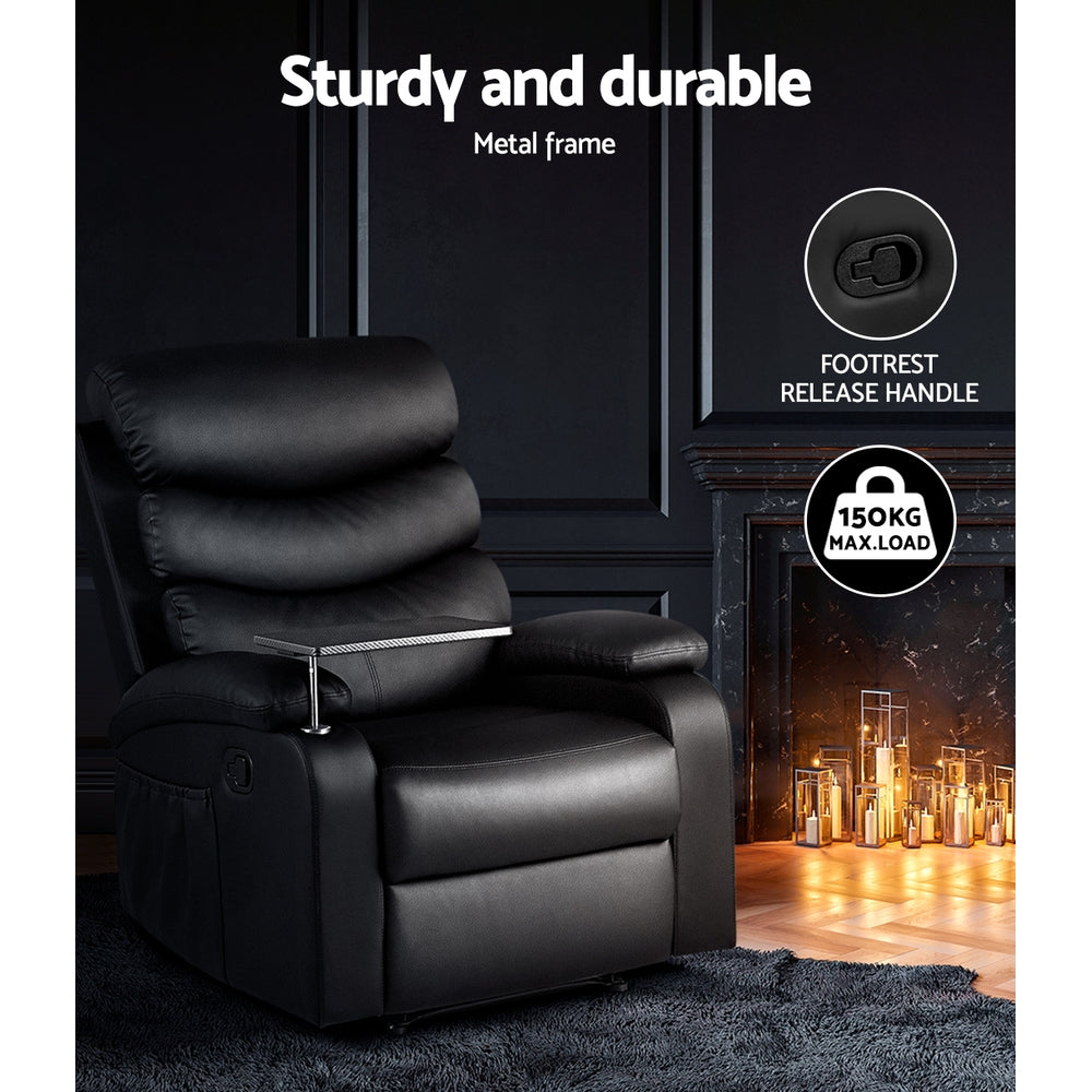 Artiss Recliner Chair Armchair Lounge Sofa Chairs Couch Leather Black Tray Table-5