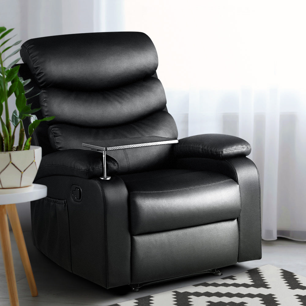 Artiss Recliner Chair Armchair Lounge Sofa Chairs Couch Leather Black Tray Table-7