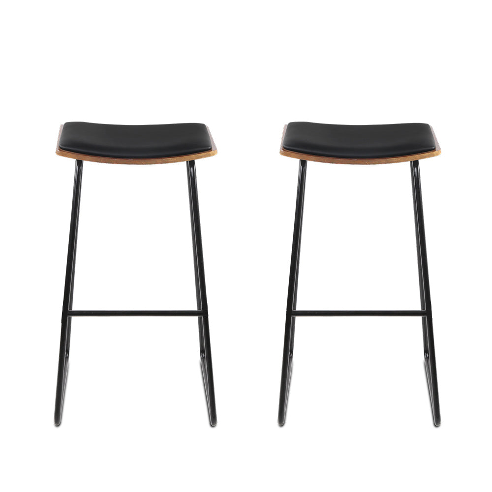 Artiss Set of 2 Backless PU Leather Bar Stools - Black and Wood-2