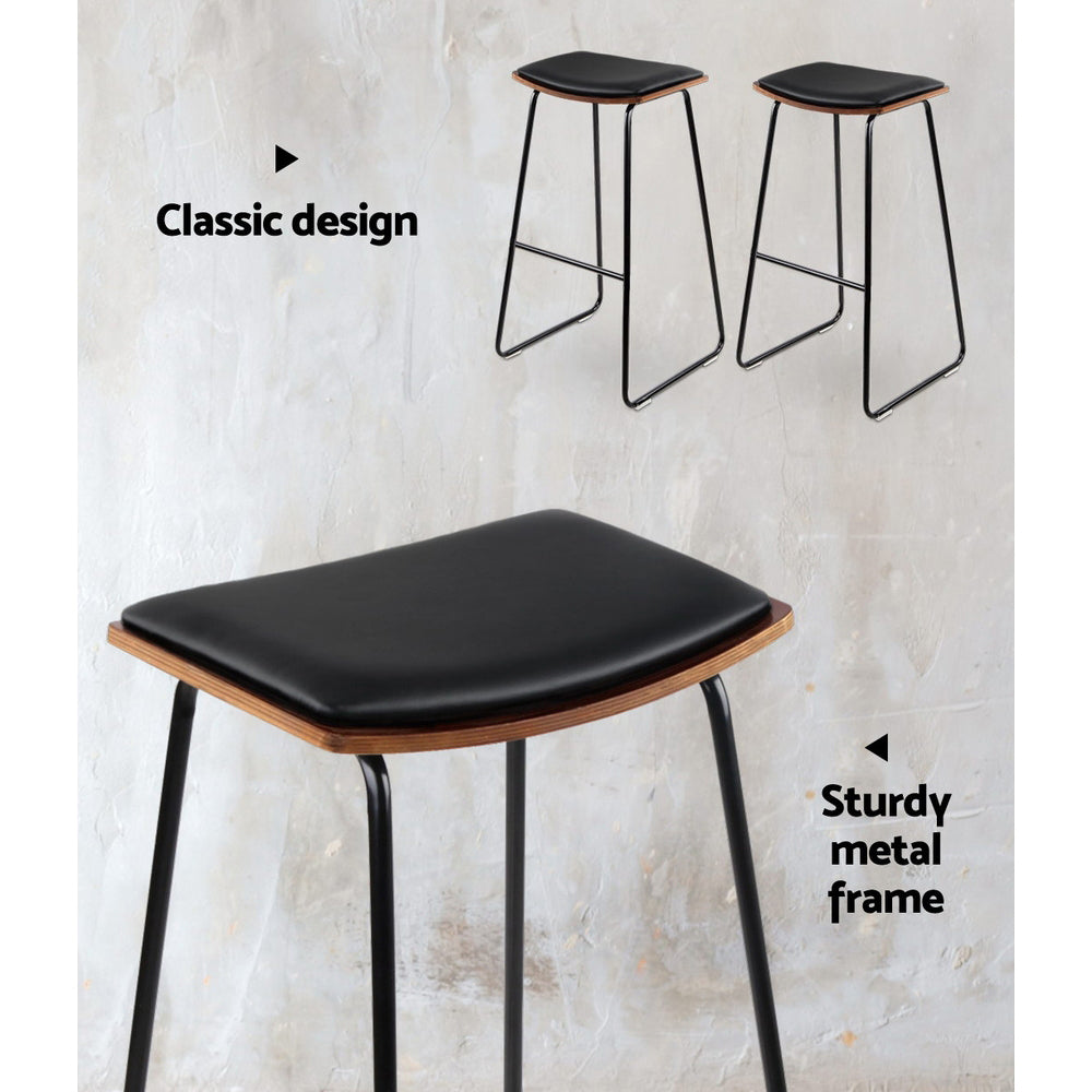 Artiss Set of 2 Backless PU Leather Bar Stools - Black and Wood-4