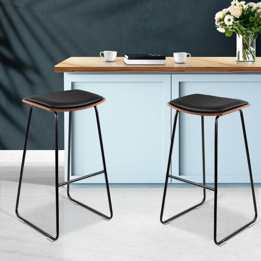 Artiss Set of 2 Backless PU Leather Bar Stools - Black and Wood-7