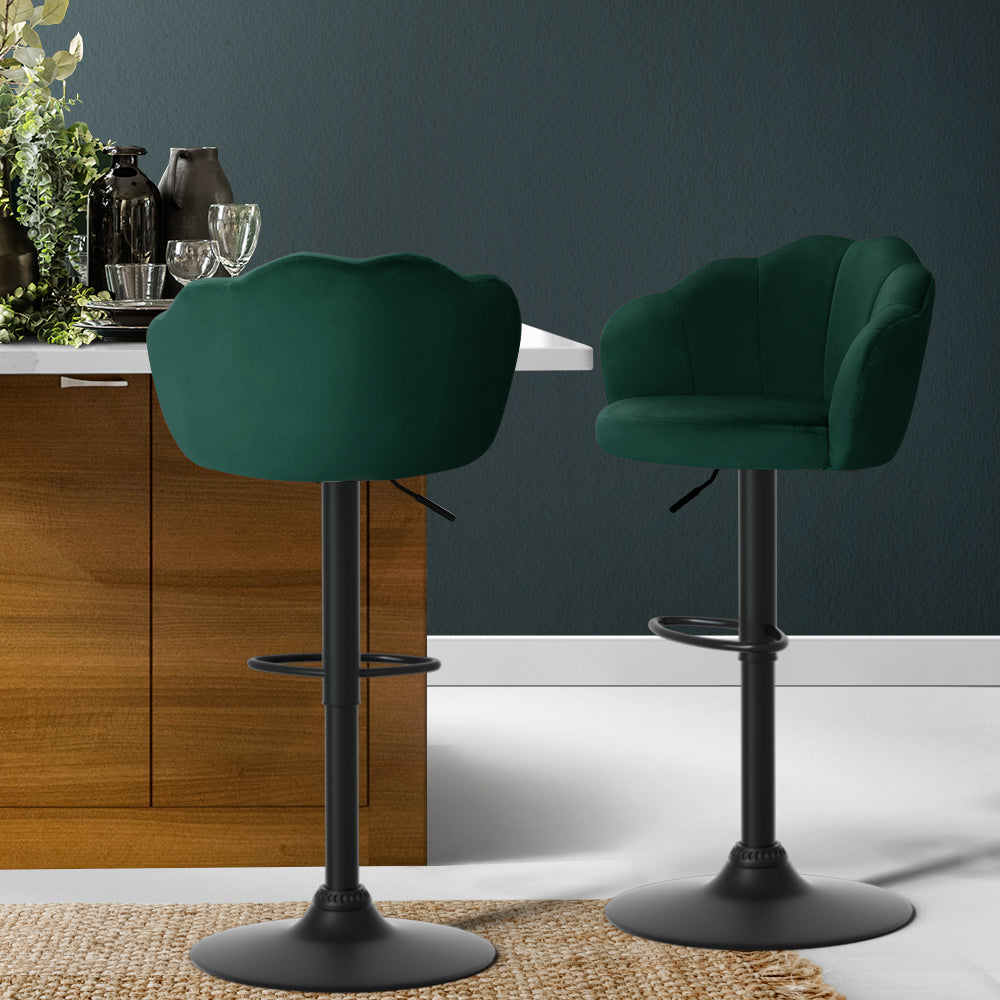 Artiss Set of 2 Bar Stools Kitchen Stool Swivel Chair Gas Lift Velvet Chairs Green Nessah-7