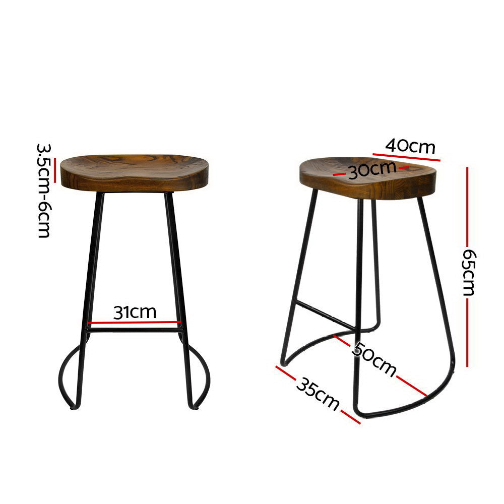 Artiss Set of 2 Elm Wood Backless Bar Stools 65cm - Black and Dark Natural-1