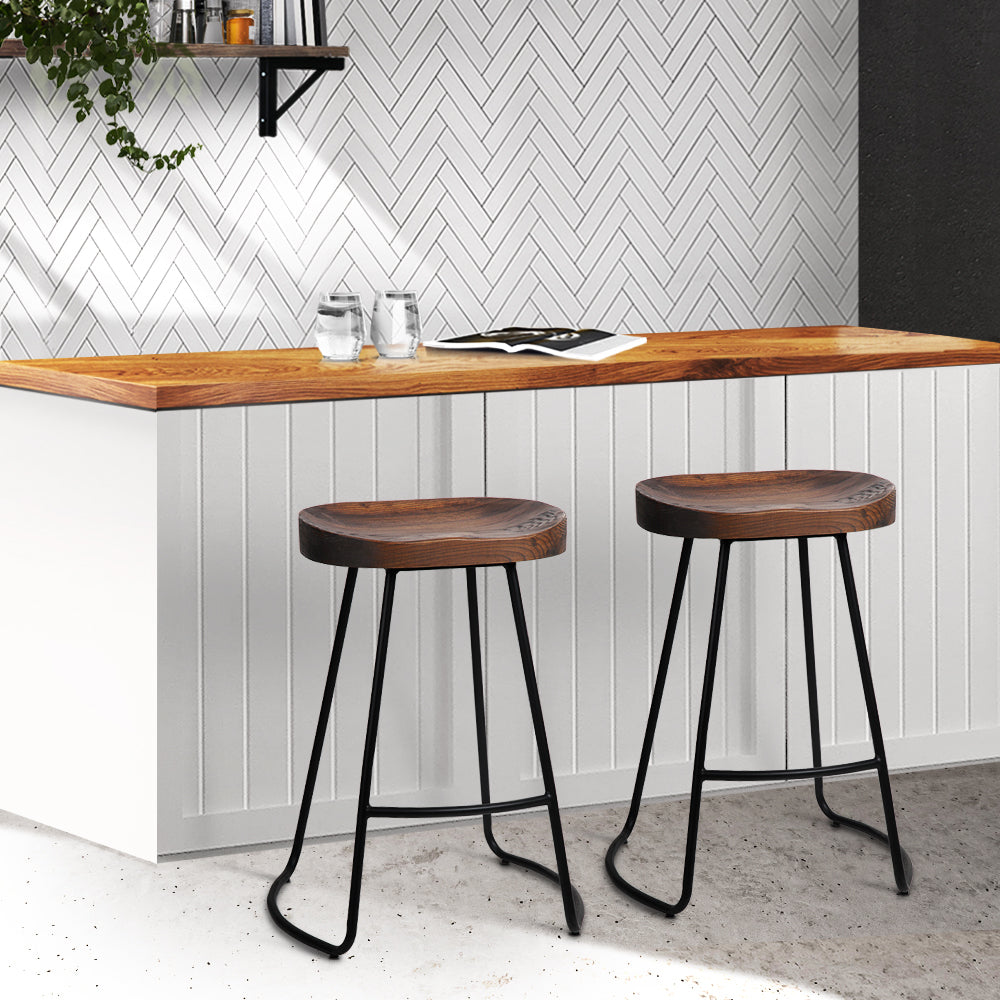 Artiss Set of 2 Elm Wood Backless Bar Stools 65cm - Black and Dark Natural-7