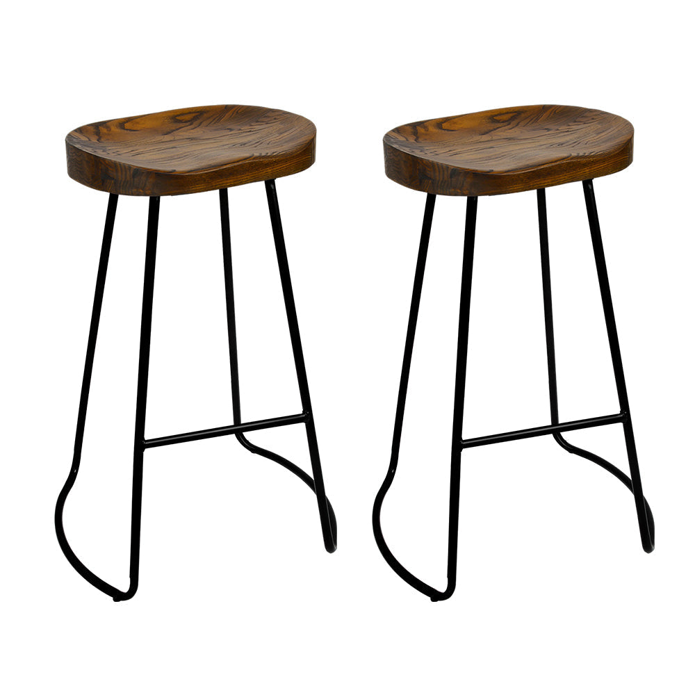 Artiss Set of 2 Elm Wood Backless Bar Stools 65cm - Black and Dark Natural-0