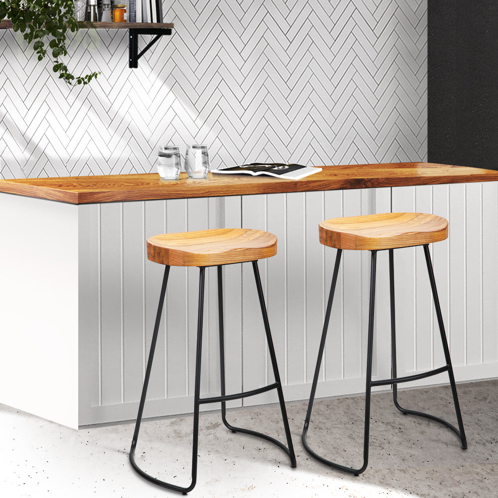 Artiss Set of 2 Elm Wood Backless Bar Stools 75cm - Black and Light Natural-7