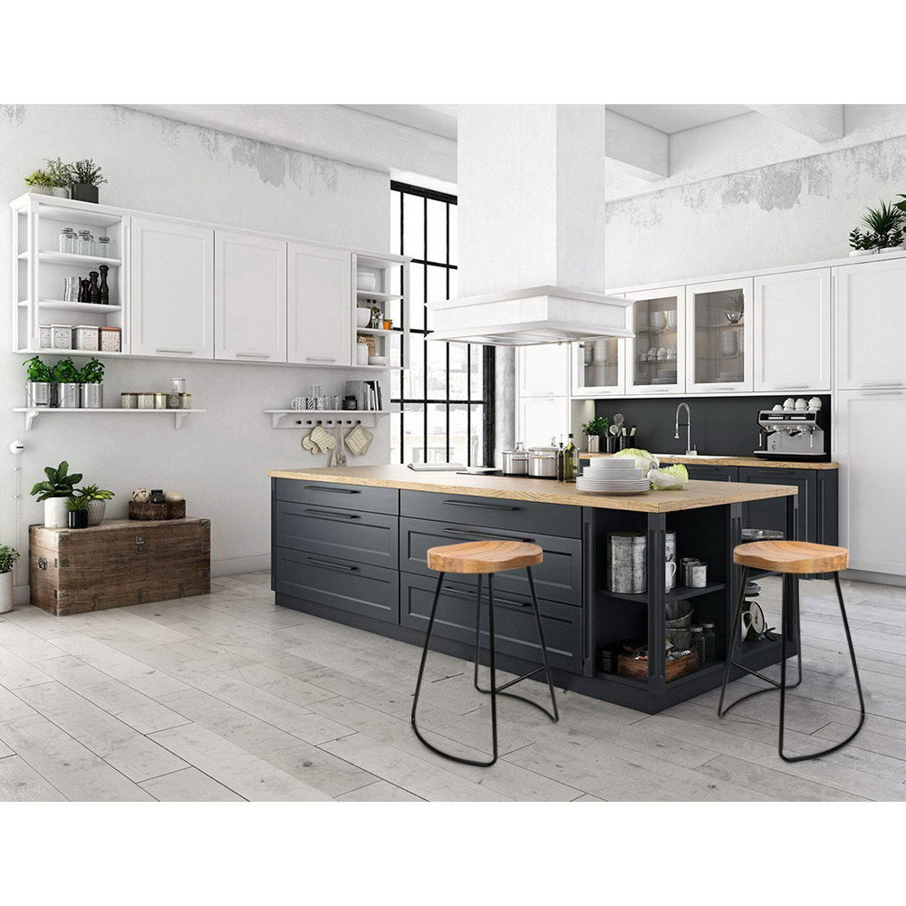 Artiss Set of 4 Elm Wood Backless Bar Stools 65cm - Black and Light Natural-4