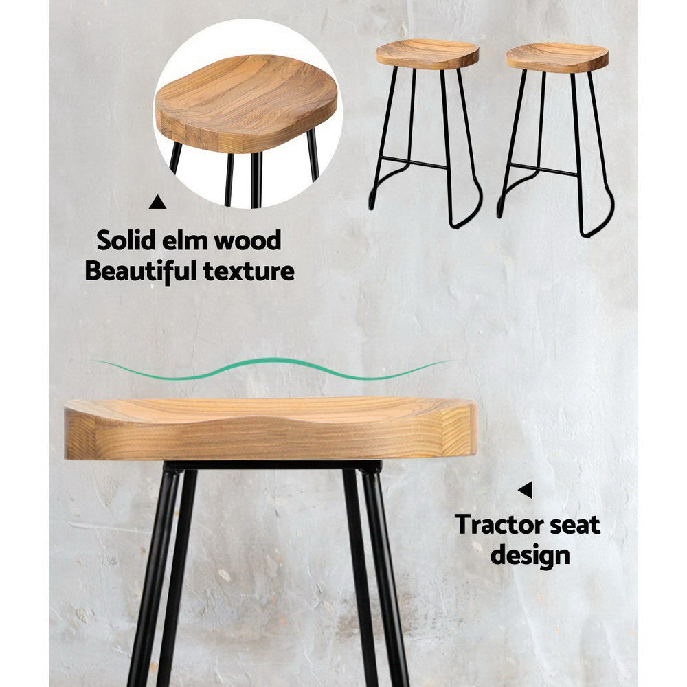 Artiss Set of 4 Elm Wood Backless Bar Stools 65cm - Black and Light Natural-5