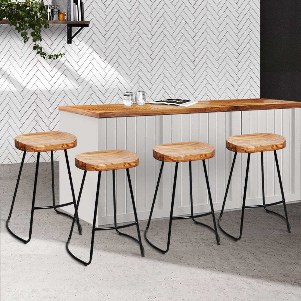 Artiss Set of 4 Elm Wood Backless Bar Stools 65cm - Black and Light Natural-7