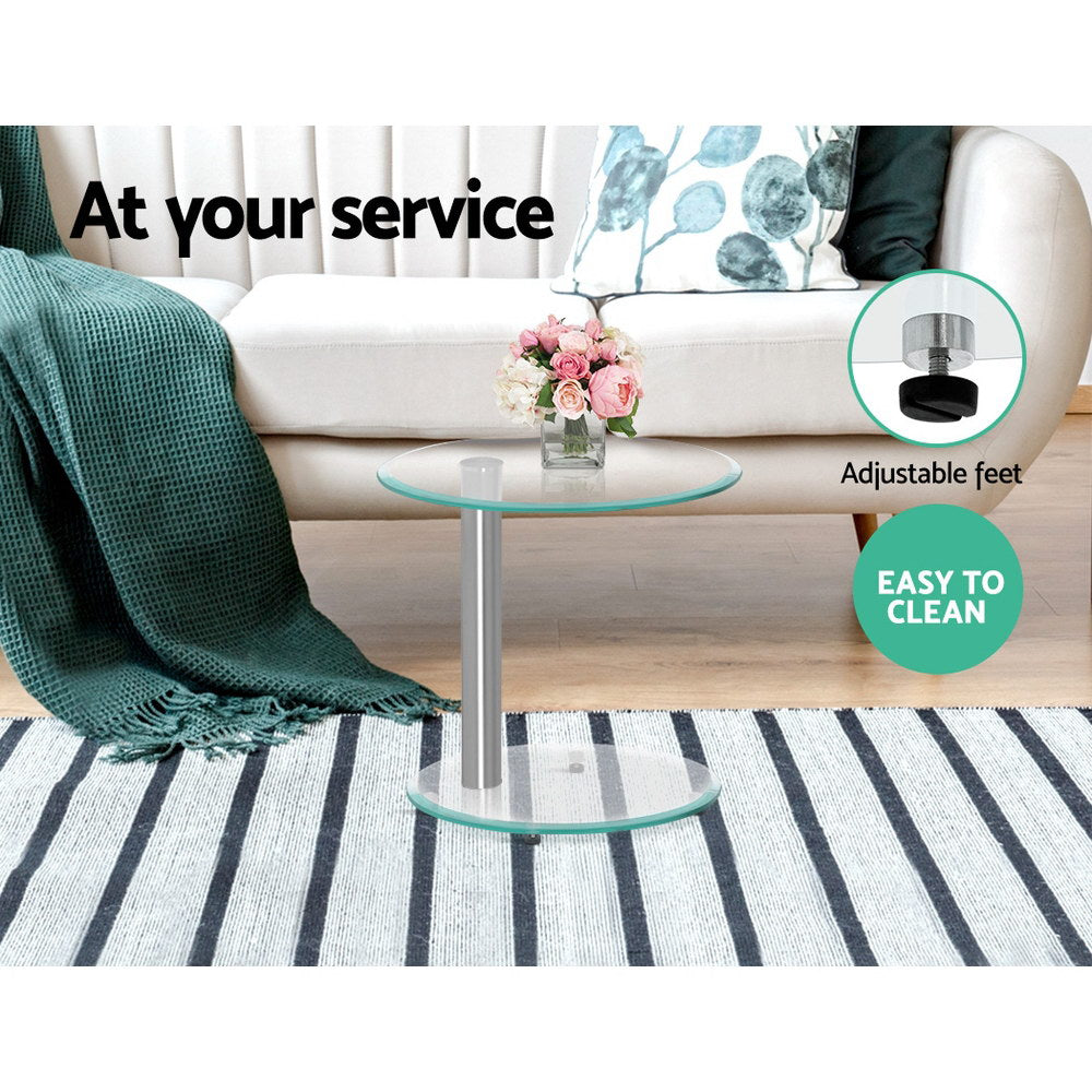 Artiss Side Coffee Table Bedside Furniture Oval Tempered Glass Top 2 Tier-2