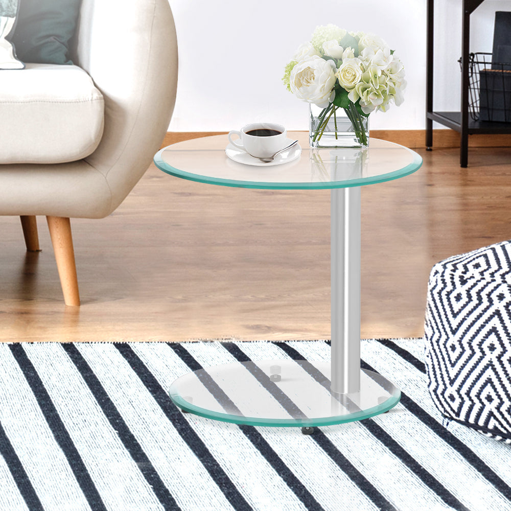 Artiss Side Coffee Table Bedside Furniture Oval Tempered Glass Top 2 Tier-6