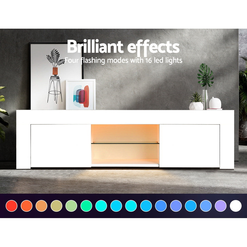 Artiss TV Cabinet Entertainment Unit Stand RGB LED Gloss Furniture 130cm White-3