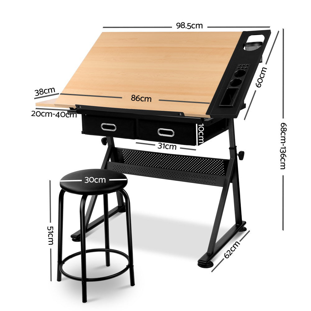 Artiss Tilt Drafting Table Stool Set - Natural & Black-1