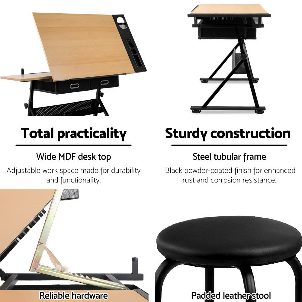 Artiss Tilt Drafting Table Stool Set - Natural & Black-3