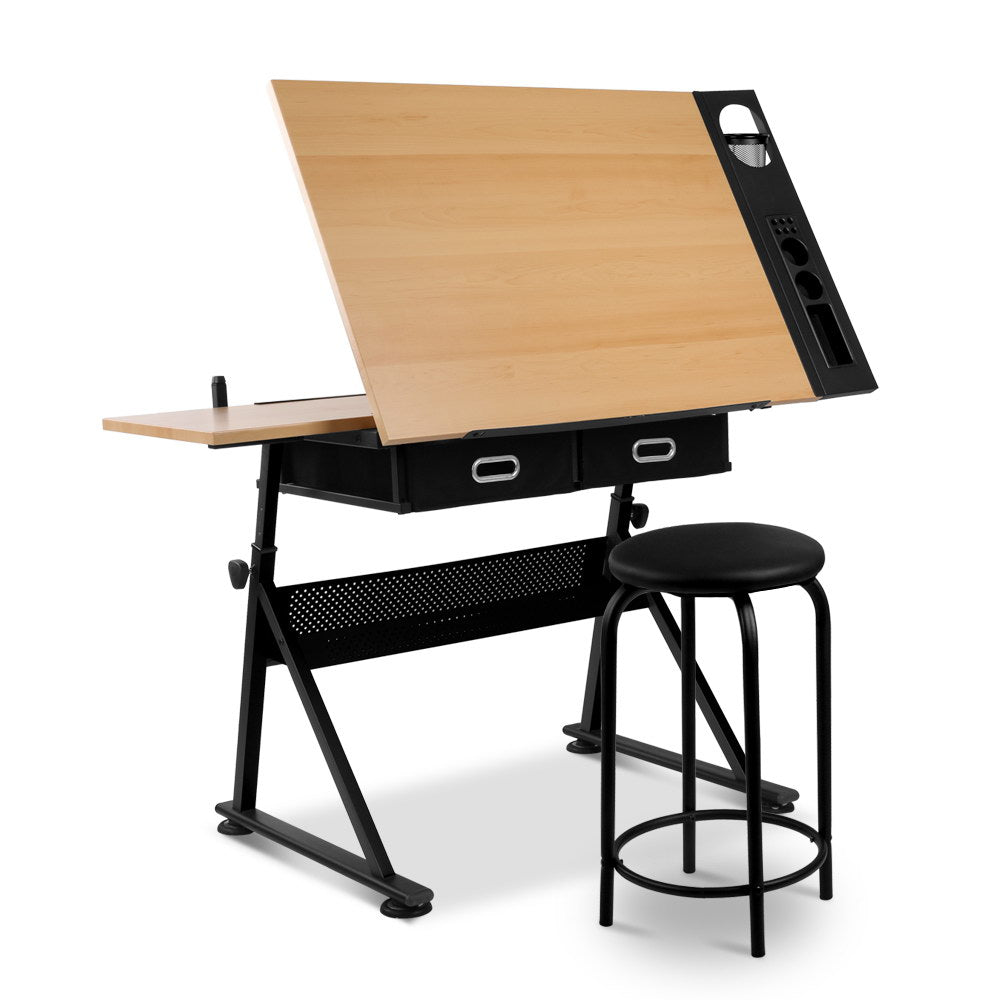 Artiss Tilt Drafting Table Stool Set - Natural & Black-0