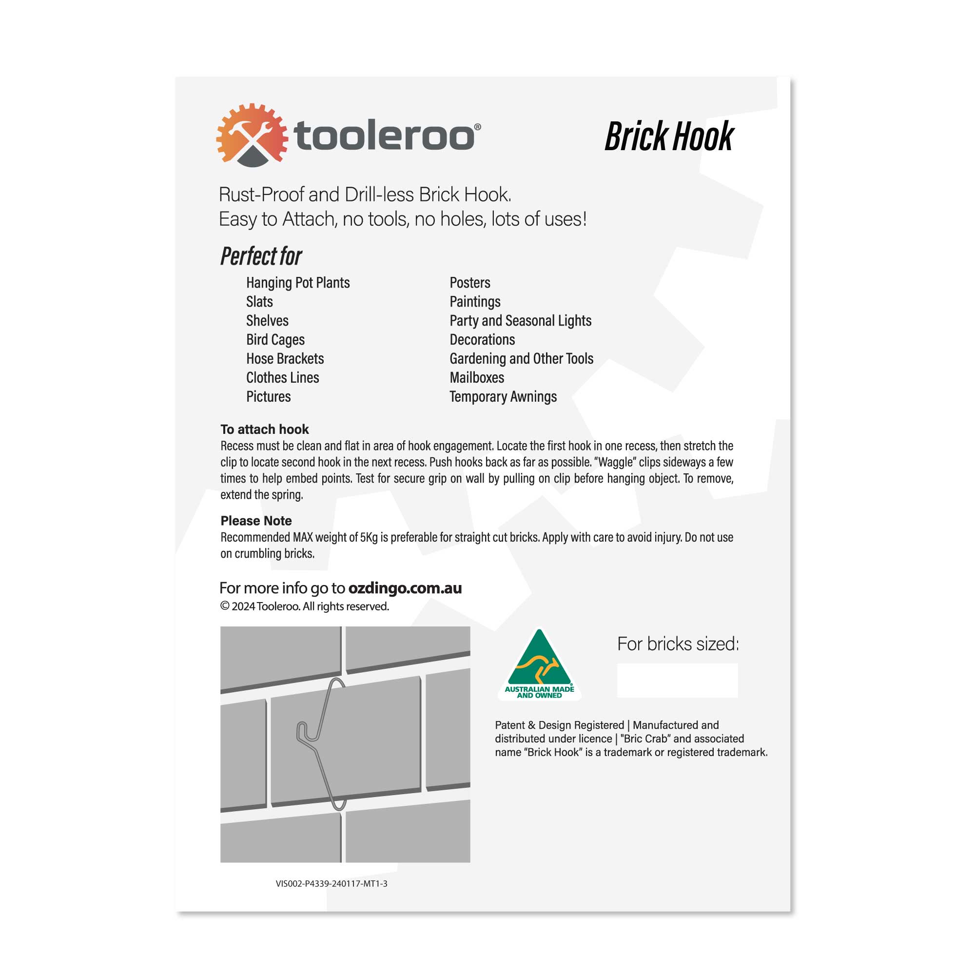 Brick Hook Hanger - Wall Crab Clip For Pictures Pot Plants-6