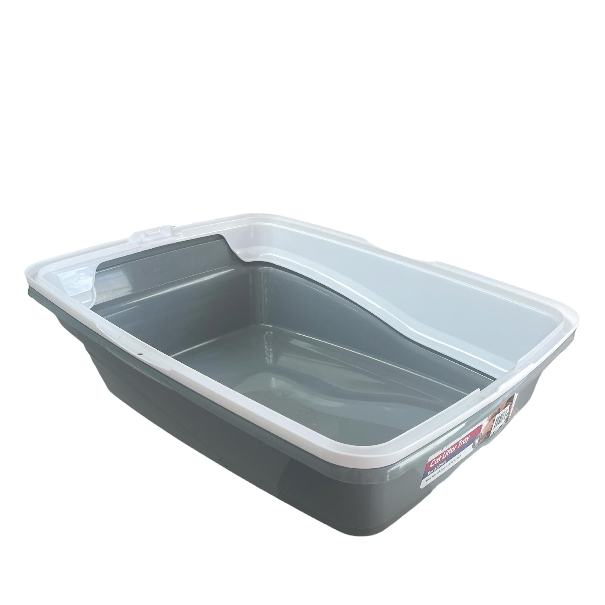 Cat Litter Tray Plastic 48x38.5x12cm Non Spill Mess Guard Rim Grey White Kitty Pan-0